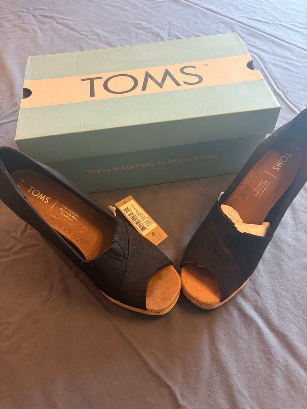 TOMS Black Open-Toe Canvas Wedge Heels